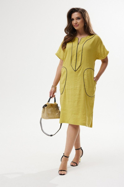 Летнее прямое платье с разрезами и отделкой кантом MALI 423-034 горчица - фото 2