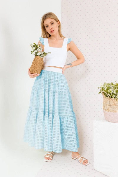 Летний комплект топ и макси-юбка с воланами BARBARA B174 белый+голубой - фото 1