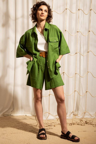 Льняные шорты на притачном поясе с карманами для повседневной носки Nova Line 40093 травяной - фото 1