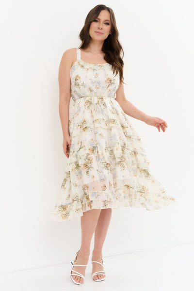 Шифоновый сарафан с приталенным поясом и длинными бретелями Магия моды 2274 молочный_цветы - фото 1