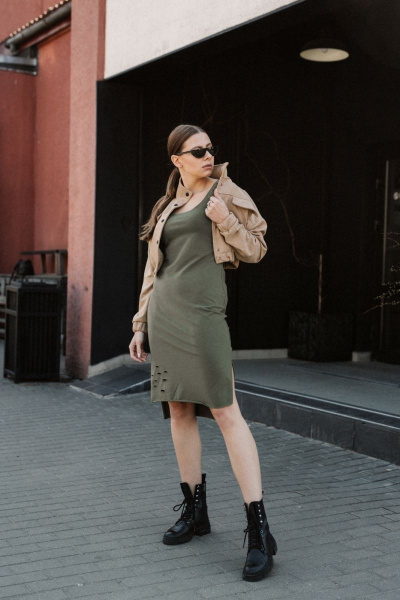 Платье приталенное без рукава из трикотажа для повседневных образов RAWR 076 хаки - фото 1