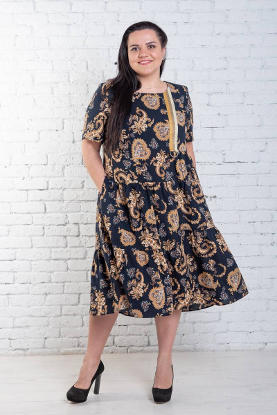 Платье из натурального текстиля с тесьмой и сборками Левлада 205 темно-синий - фото 1