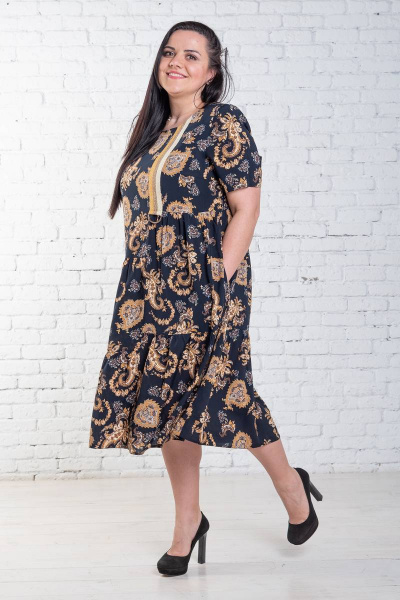 Платье из натурального текстиля с тесьмой и сборками Левлада 205 темно-синий - фото 2