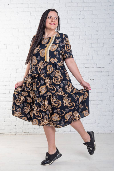 Платье из натурального текстиля с тесьмой и сборками Левлада 205 темно-синий - фото 3