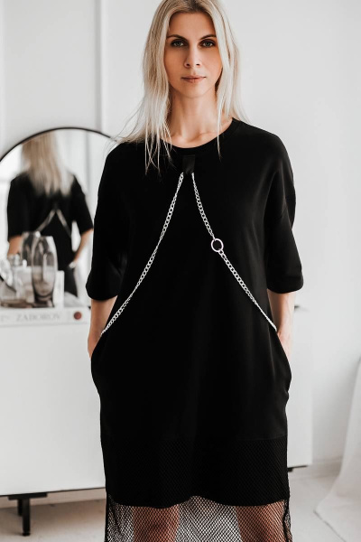 Платье футболка оверсайз с сеткой и цепью из хлопкового футера BUNABOUTIQUE 2068 - фото 2
