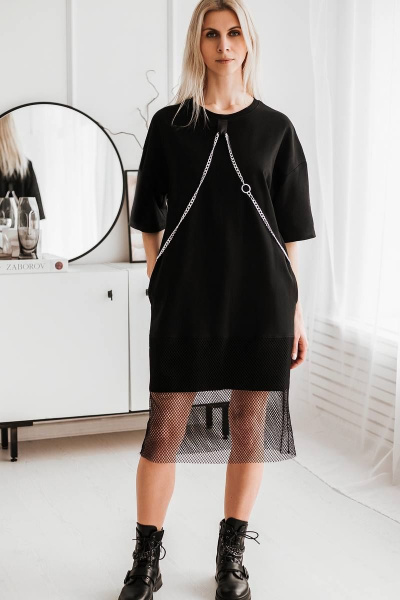Платье футболка оверсайз с сеткой и цепью из хлопкового футера BUNABOUTIQUE 2068 - фото 1