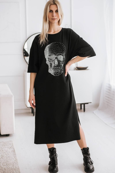 Платье миди из трикотажа с аппликацией из страз череп BUNABOUTIQUE 2064 - фото 1