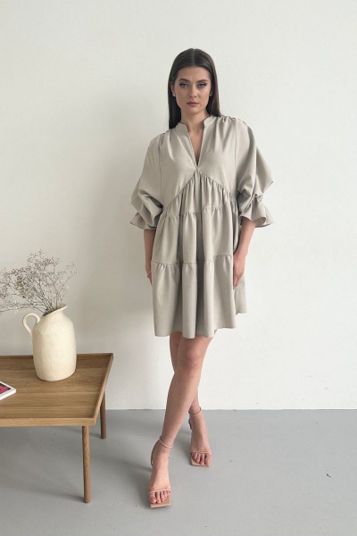 Бежевое мини платье со сборкой и воротником-стойкой AURA otd 3210 - фото 2