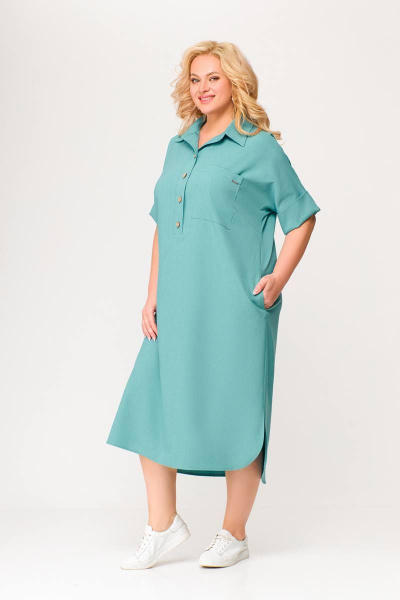 Бирюзовое платье из вискозно-льняной ткани с รอบом и карманами Swallow 496.2 мята - фото 6