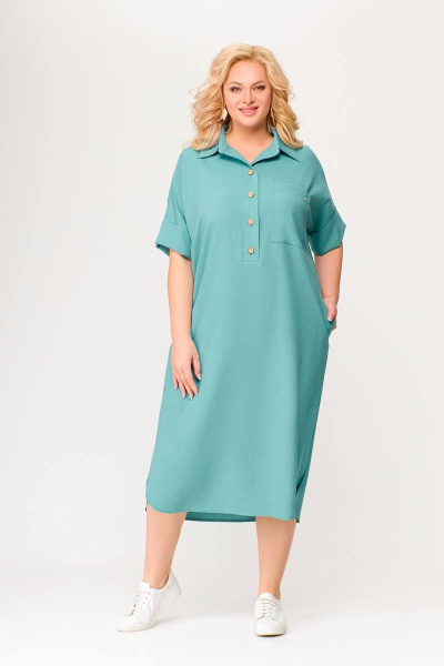 Бирюзовое платье из вискозно-льняной ткани с รอบом и карманами Swallow 496.2 мята - фото 1