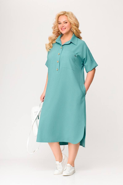 Бирюзовое платье из вискозно-льняной ткани с รอบом и карманами Swallow 496.2 мята - фото 5