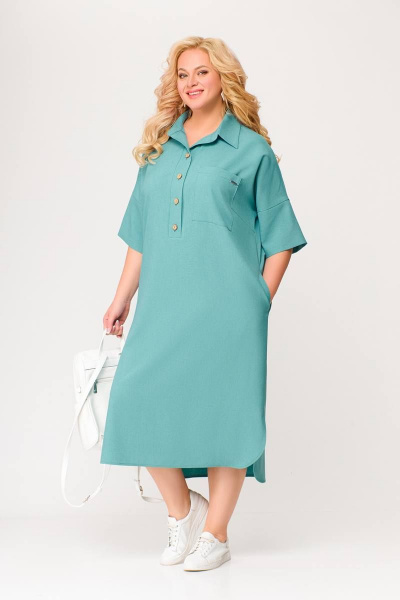 Бирюзовое платье из вискозно-льняной ткани с รอบом и карманами Swallow 496.2 мята - фото 3