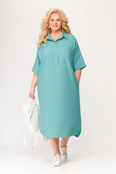 Бирюзовое платье из вискозно-льняной ткани с รอบом и карманами Swallow 496.2 мята - фото 2