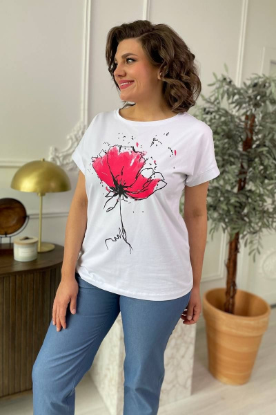 Футболка на каждый день из трикотажа со спущенным плечом Rumoda 2062_кр белый/коралл - фото 3