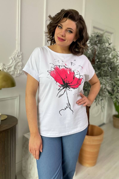 Футболка на каждый день из трикотажа со спущенным плечом Rumoda 2062_кр белый/коралл - фото 1