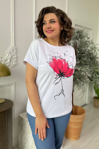 Футболка на каждый день из трикотажа со спущенным плечом Rumoda 2062_кр белый/коралл - фото 2