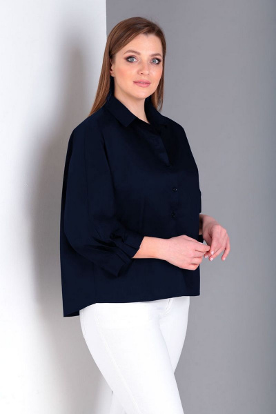 Летняя хлопковая блуза-рубашка с длинным рукавом и завязками Таир-Гранд 62427 темно-синий - фото 1