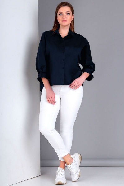 Летняя хлопковая блуза-рубашка с длинным рукавом и завязками Таир-Гранд 62427 темно-синий - фото 3