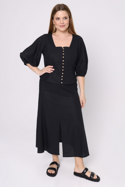Юбка и блуза на каждый день из льна с принтом в полоску Панда 144310w черный - фото 1