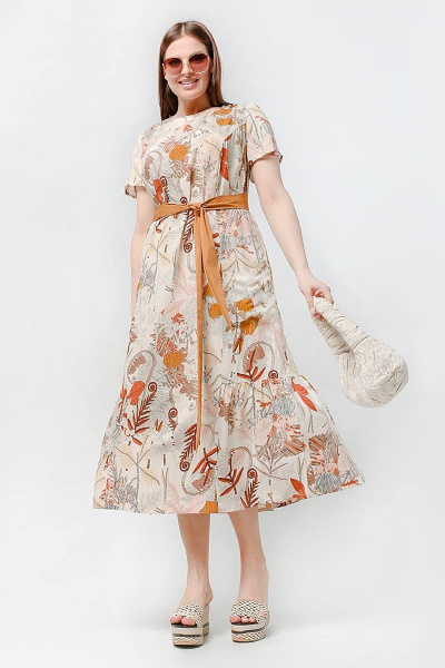 Платье из набивной вискозы с воланом и съёмным поясом La rouge 5427 беж-набивной - фото 4