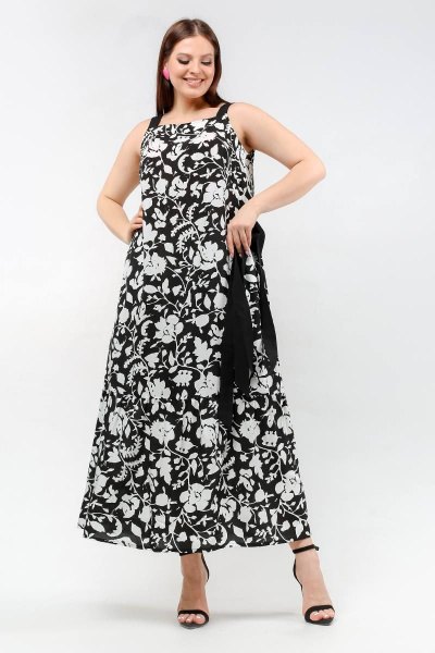 Трапециевидный сарафан с воланом и нагрудными вытачками La rouge 5419 черно-белый-(цветы) - фото 4