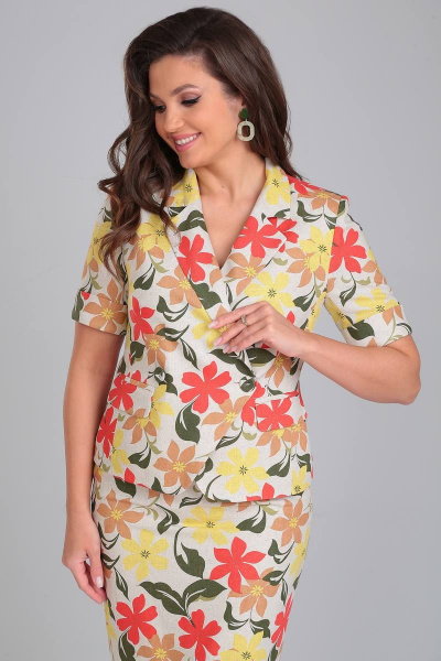 Костюм из жакета и юбки с съемным поясом и капюшоном LeNata 22117 оранжевые-цветы - фото 5