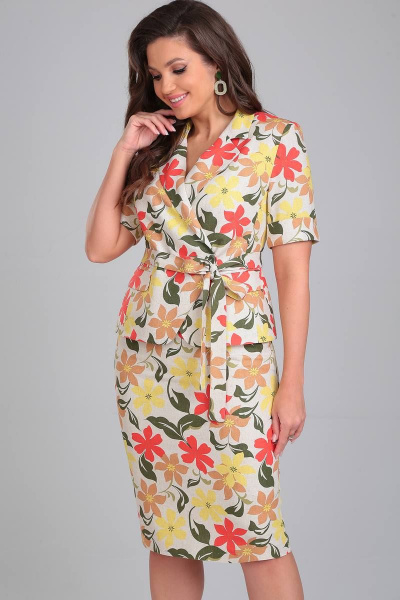 Костюм из жакета и юбки с съемным поясом и капюшоном LeNata 22117 оранжевые-цветы - фото 4