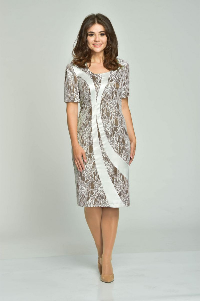 Платье нарядное с кружевом, трикотаж и гипюр Fortuna ШЖ 488 беж - фото 1