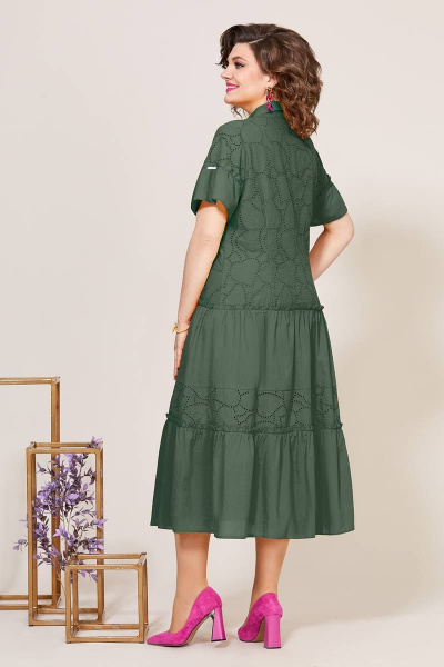 Зеленое свободное платье из хлопка с вышивкой и воланами Mira Fashion 5275-2 - фото 2