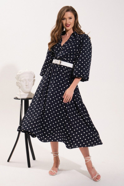 Летнее платье расклешенного силуэта с карманами и шлицей VI ORO VR-1052 темно-синий/горох - фото 6