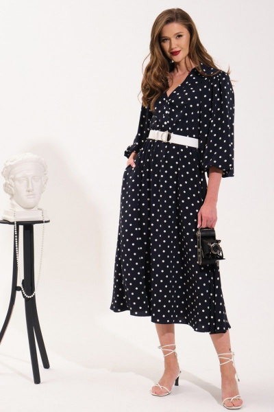 Летнее платье расклешенного силуэта с карманами и шлицей VI ORO VR-1052 темно-синий/горох - фото 3
