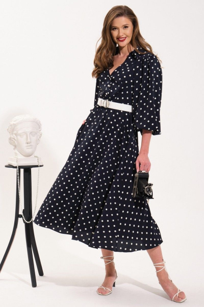Летнее платье расклешенного силуэта с карманами и шлицей VI ORO VR-1052 темно-синий/горох - фото 2