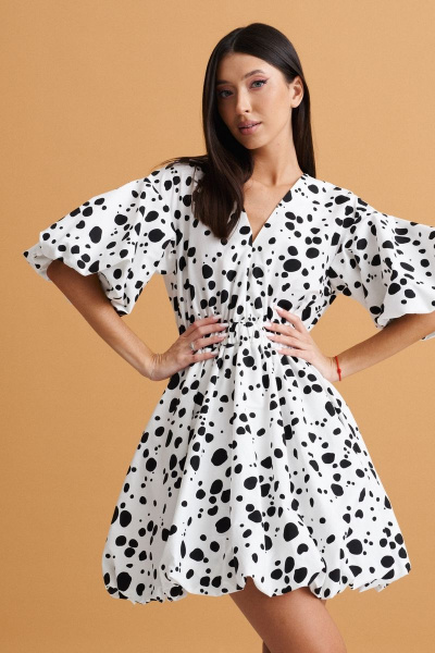 Белое платье с пышными рукавами и контрастным принтом ANNETE A3360 - фото 4