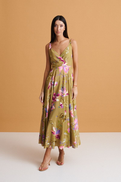 Повседневное зеленое платя из вискозы с цветочным принтом и регулируемыми бретелями ANNETE A3387 - фото 1