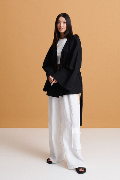 Черный прямой жакет из льняного полотна на запах лето ANNETE A5167 - фото 6
