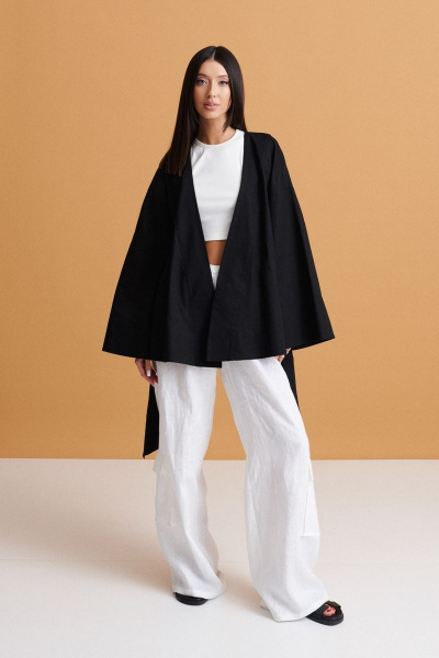 Черный прямой жакет из льняного полотна на запах лето ANNETE A5167 - фото 4