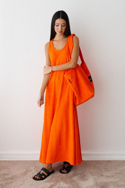 Платье оранжевое полуприлегающее из махры и хлопка без застежки ANNETE A3404 - фото 2