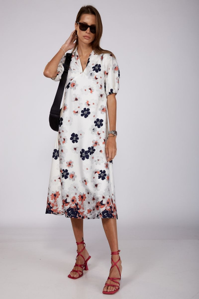 Белое платье с цветочным принтом и V-воротником на лето THE NAME 2215 - фото 6
