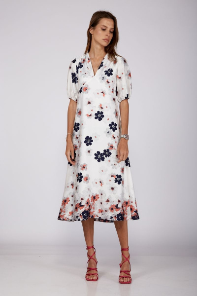 Белое платье с цветочным принтом и V-воротником на лето THE NAME 2215 - фото 2