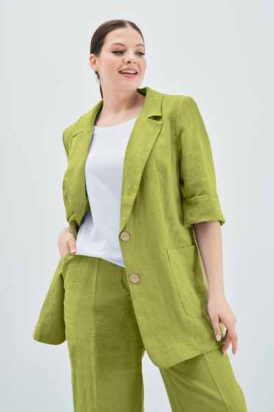 Зеленый леняной костюм с расклешенными брюками и жакетом Art Ribbon M3813_3 - фото 2
