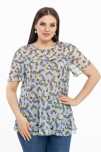 Летняя блуза из шифона с ярким принтом и коротким рукавом Avila 0932 голубой - фото 3