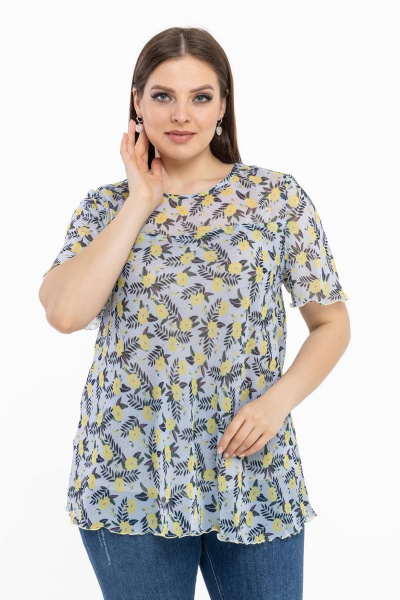 Летняя блуза из шифона с ярким принтом и коротким рукавом Avila 0932 голубой - фото 1