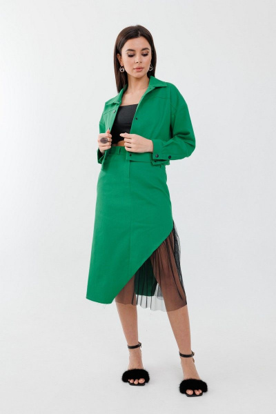 Джинсовая юбка трапеция с декоративной вставкой из сетки Anelli 1279 трава - фото 1