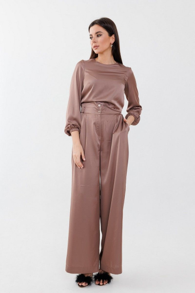 Брюки широкие из вискозы с защипами и поясом Anelli 1288.2 карамель - фото 4