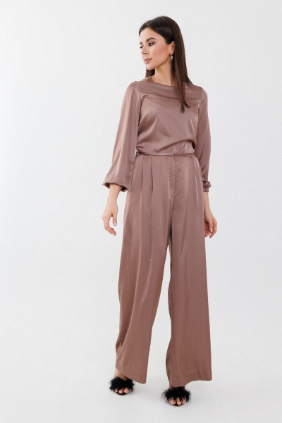 Брюки широкие из вискозы с защипами и поясом Anelli 1288.2 карамель - фото 1