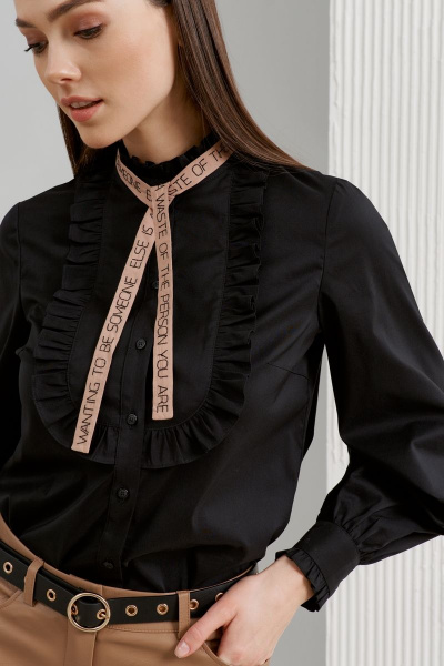 Черная блуза с объемными рукавами и рюшем в стиле на каждый день BURVIN 8763-51 - фото 2
