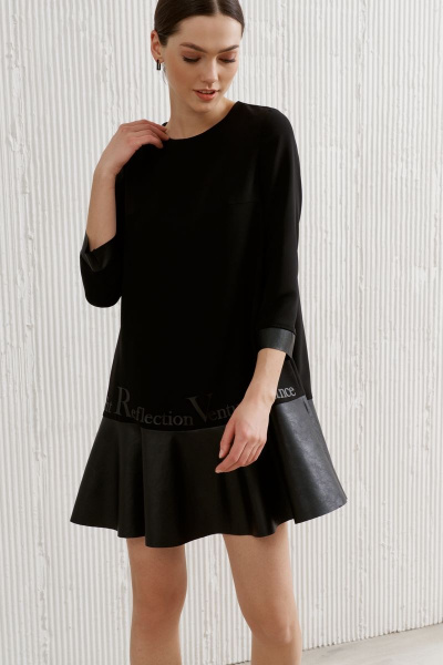 Платье трапецивидное, выше колен, трикотаж и экокожа, черное BURVIN 8768-81 - фото 2