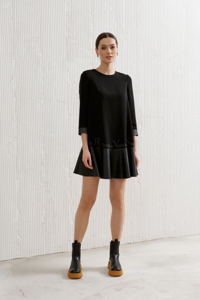 Платье трапецивидное, выше колен, трикотаж и экокожа, черное BURVIN 8768-81 - фото 1