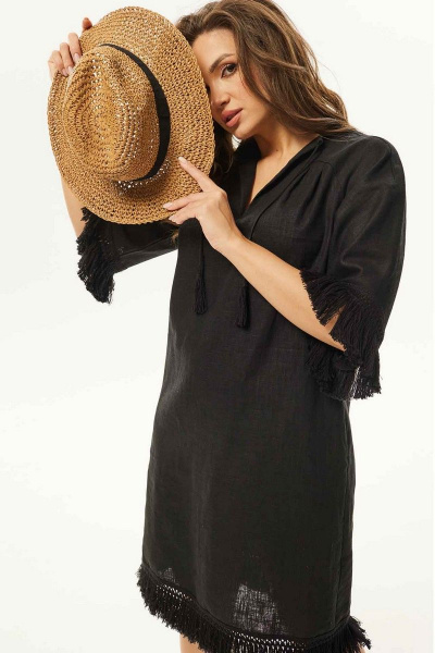 Летнее платье А-силуэта из текстиля с кружевной отделкой Mislana С938 черный - фото 5