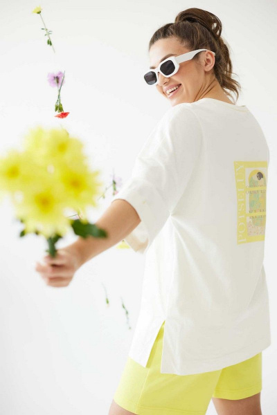 Летний комплект блуза со спущенными плечами шорты хлопок Mislana С947 лимон - фото 7